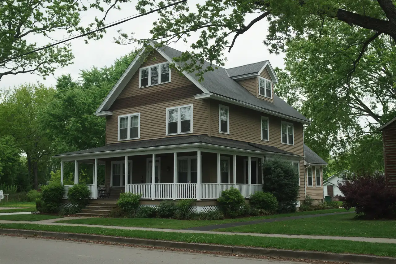 Rendered image of a two-story clapboard house with a front porch on a village street