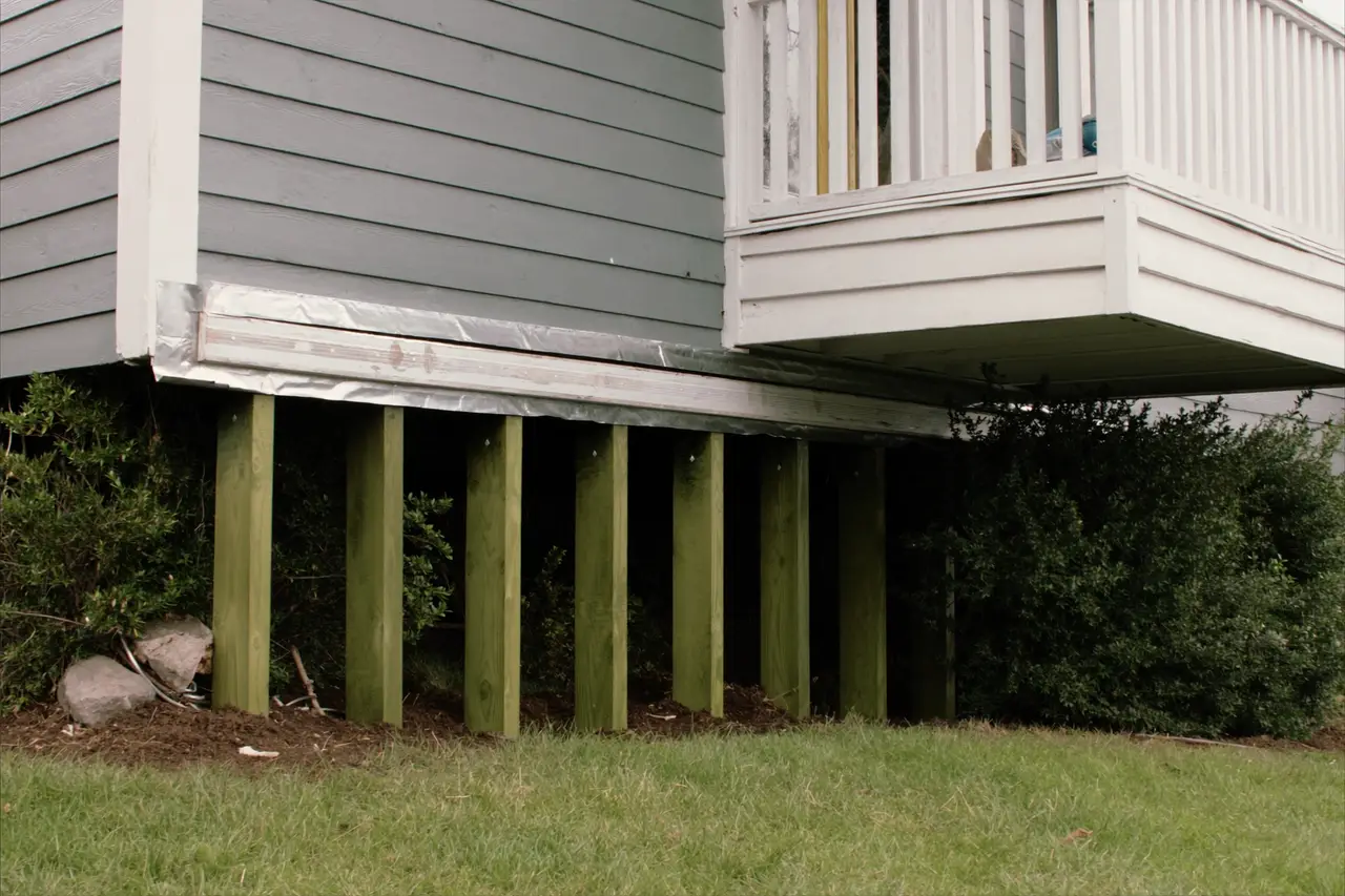 Rendered close-up of deck joists on a flashed ledger board