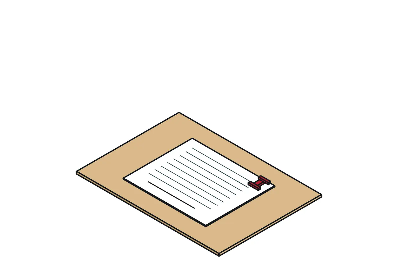 Isometric drawing of a contract sheet with a signature line, a paperclip, and greeked lines