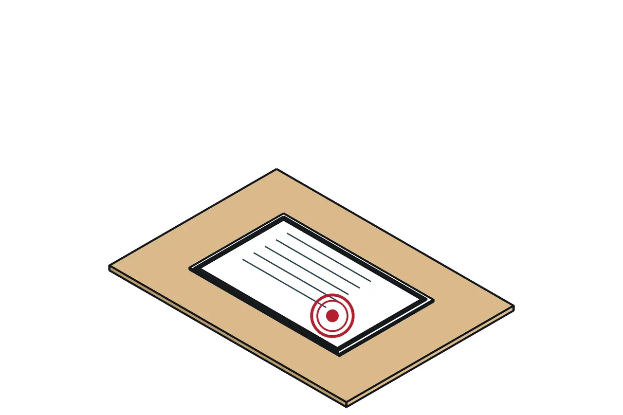 Isometric drawing of a contractor registration card on a table with greeked fields and a blank round stamp