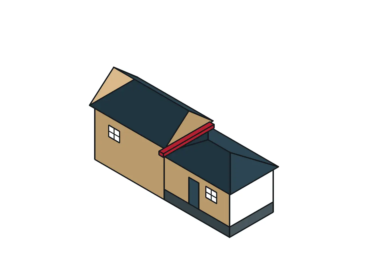 Isometric drawing of a house addition with a foundation, a wall joint, and flashing where the roofs meet