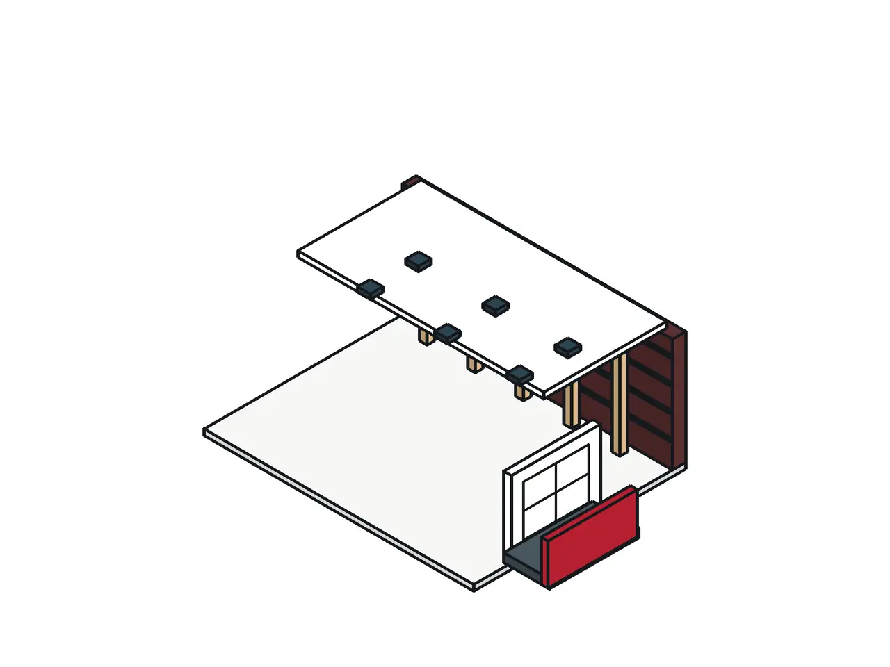 Isometric drawing of a basement with a brick wall, new studs, a spotted ceiling, and an egress well