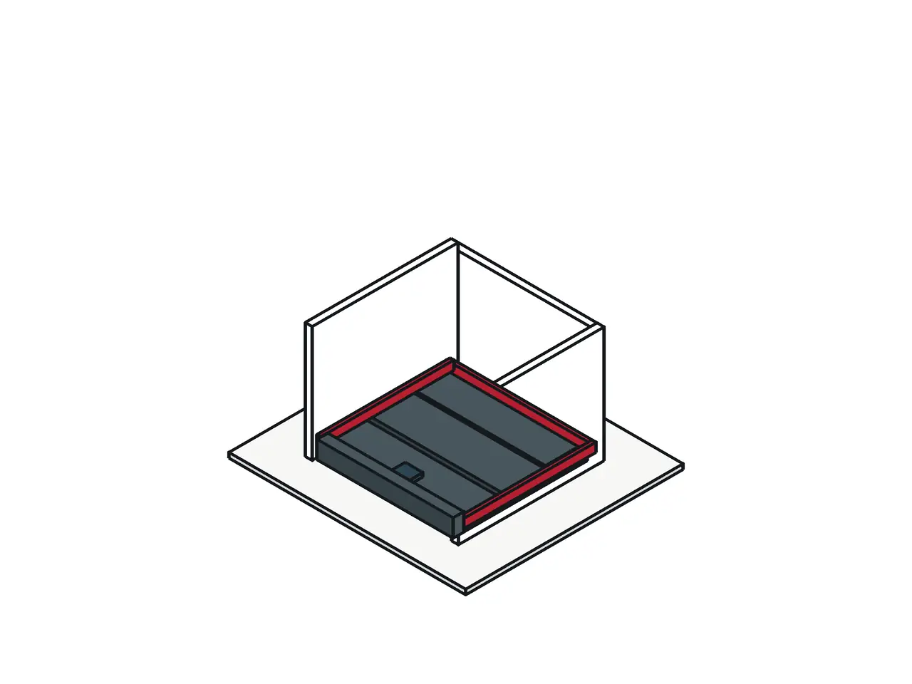 Isometric drawing of a shower niche with a sloped pan, a drain, and a membrane band at the wall