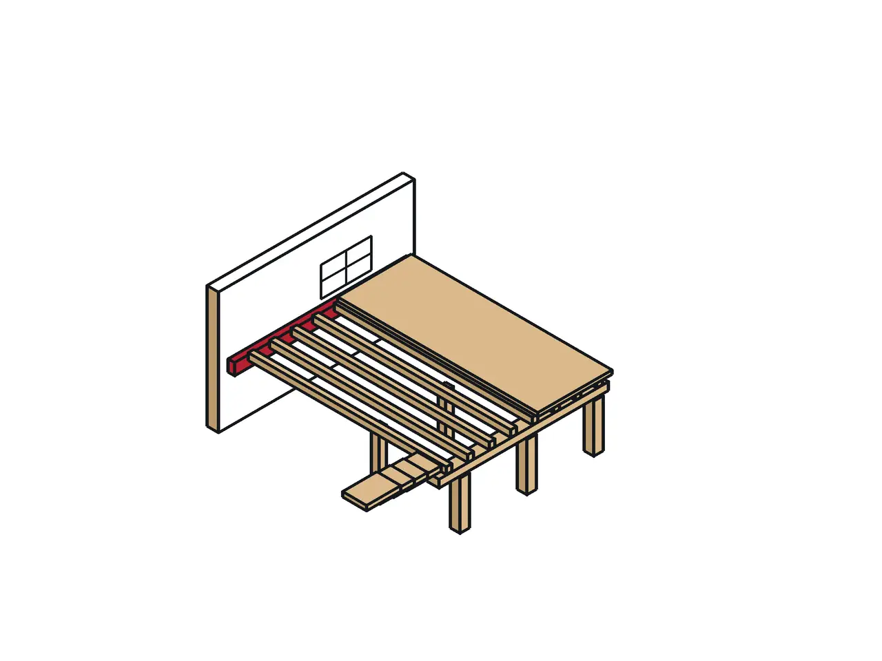 Isometric drawing of a deck on posts with joists, a ledger at the wall, and a stair