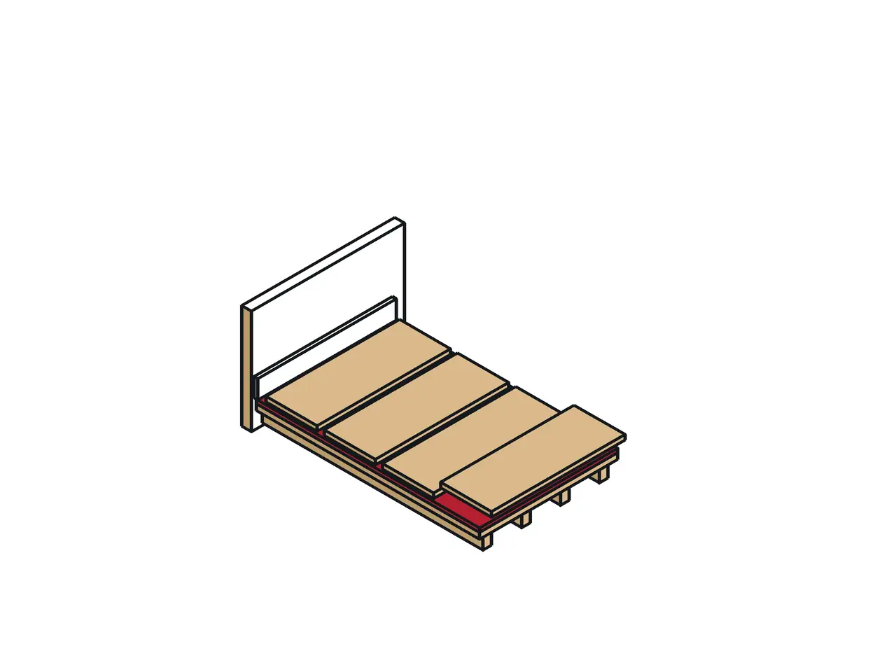 Isometric section of a floor with joists, a subfloor, underlayment, boards, and a baseboard