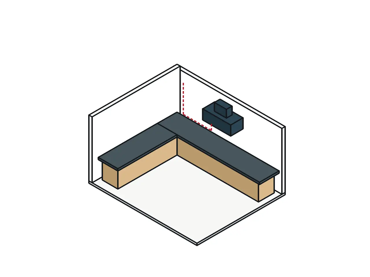 Isometric drawing of a kitchen corner with base cabinets, a counter, a hood, and a dashed wet-wall run