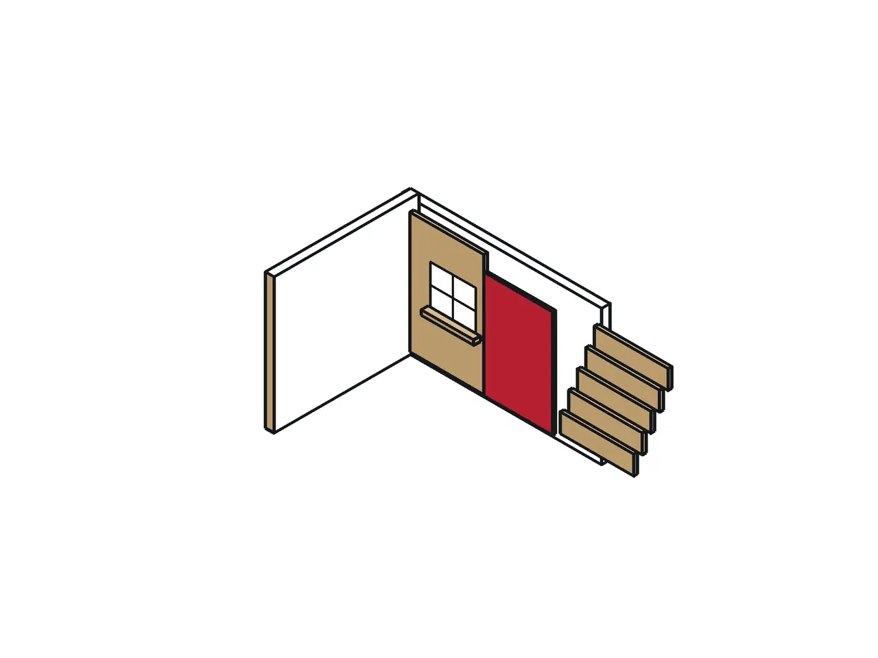 Isometric drawing of a house corner with cladding layers peeled, a WRB sheet, and a window with a sill