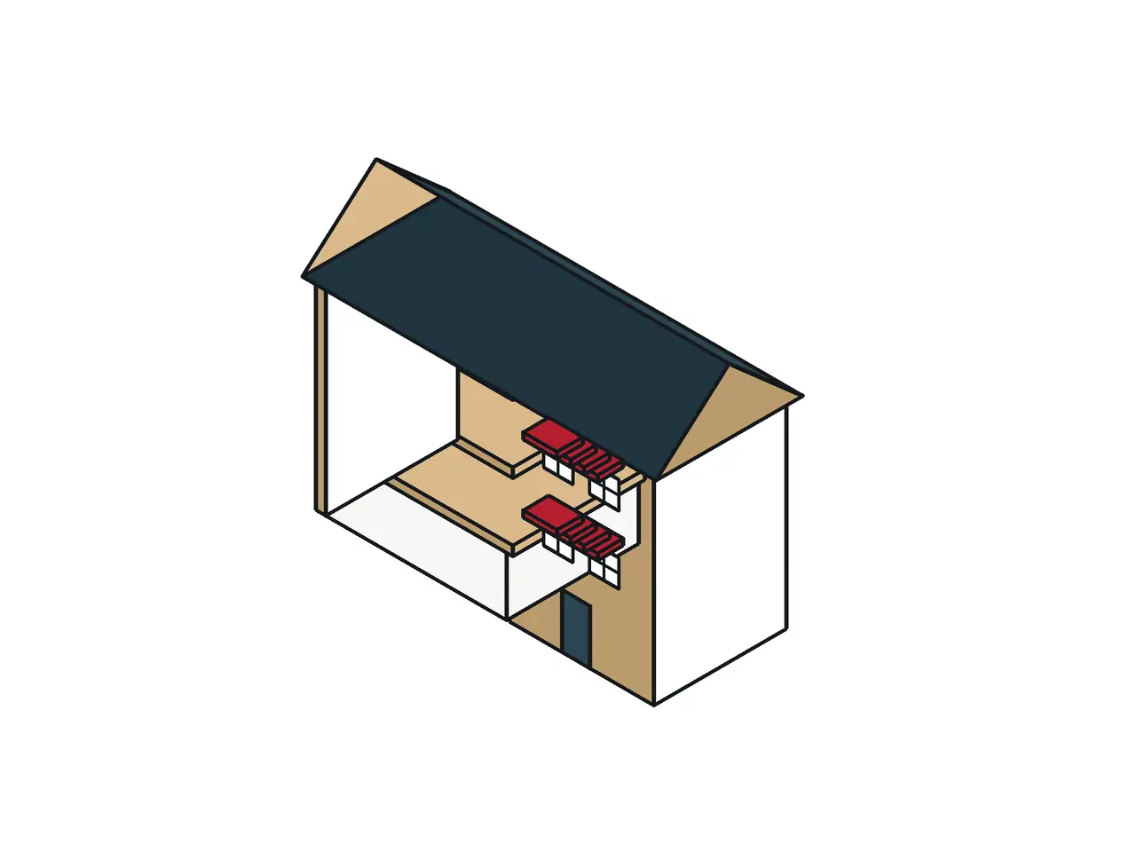Isometric cutaway of a three-story house with work zones filled and a stair in the cut