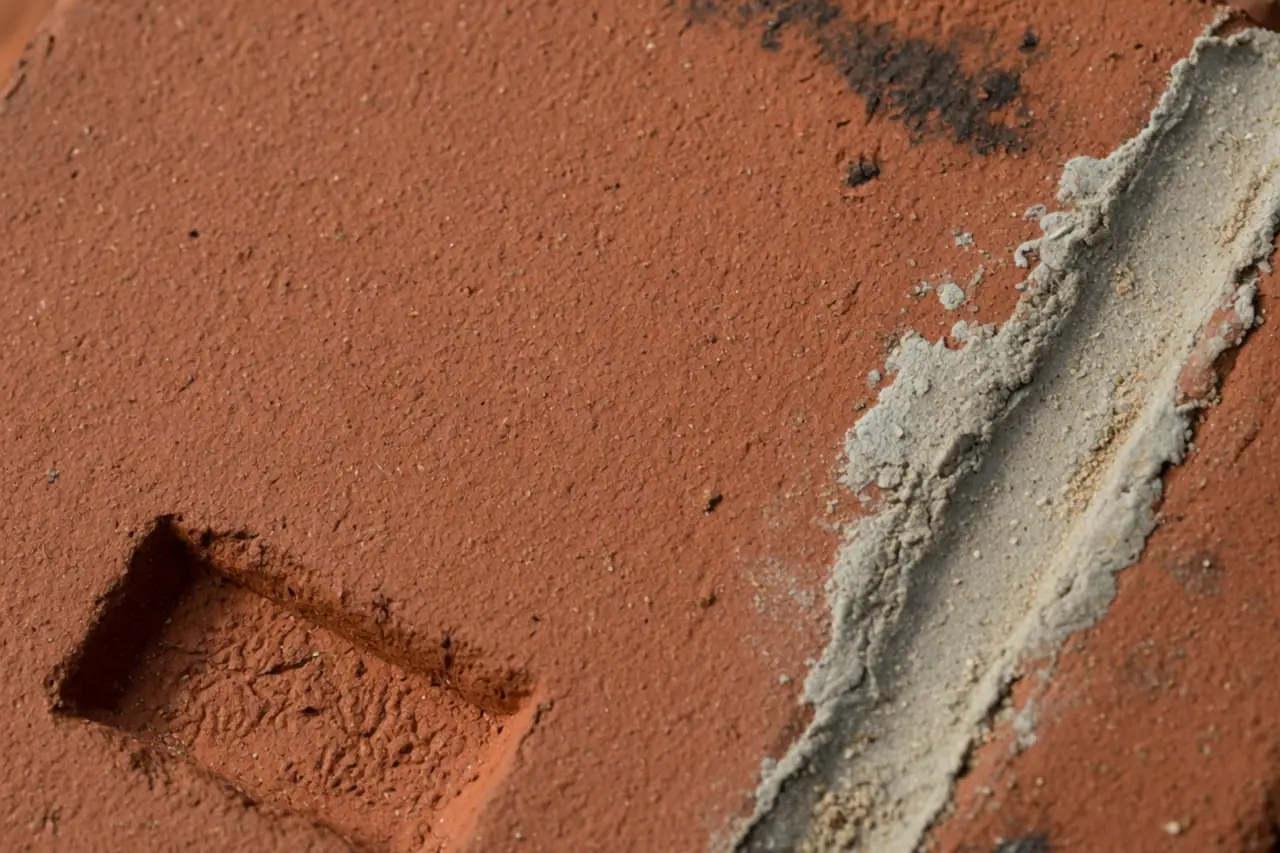 Close-up of a red clay brick face with a mortar smear