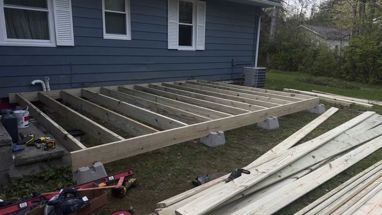 Deck joists on concrete piers with the ledger fastened to a blue clapboard house.